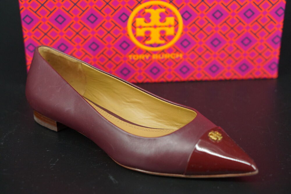 Tory Burch Burgundy Leather Fairford Pointy Toe Ballet Flats SZ 6 Logo $250 New